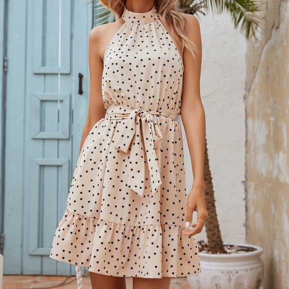 boho polka dot belted ruffle hem halter mini dress - Picture 10 of 12